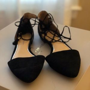 Black, ankle wrap flats